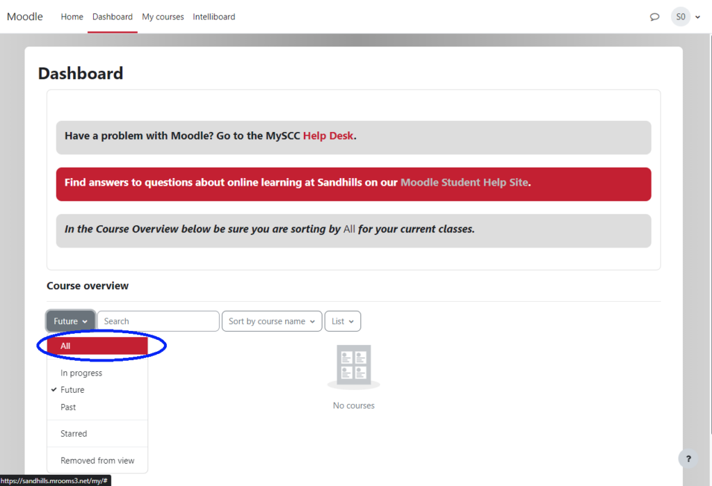 Moodle Dashboard page with course overview dropdown list highlighting "All" option