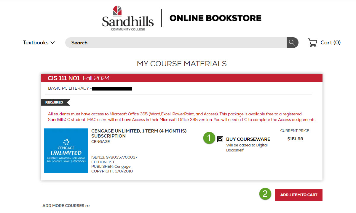 1. Buy courseware checkbox selected 2. Add item to cart button at bottom of screen