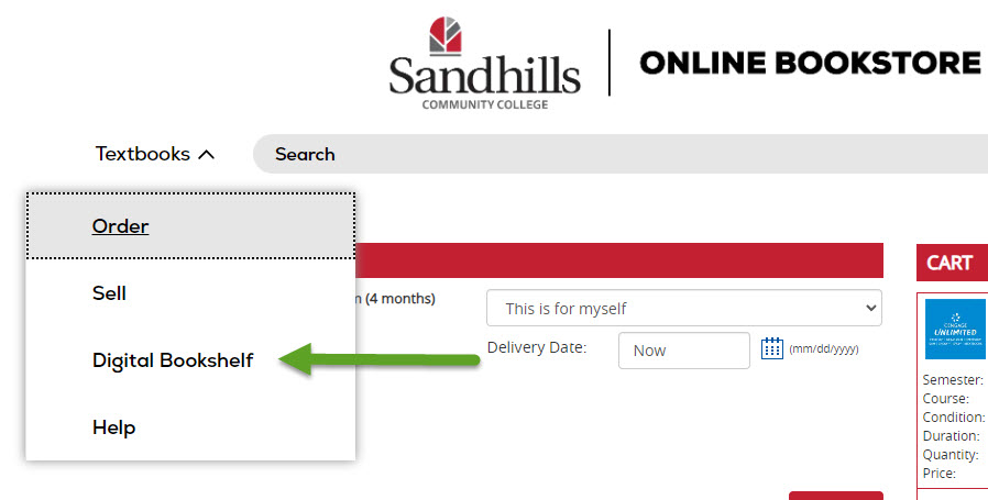 Digital Bookshelf option on Textbooks drop down link