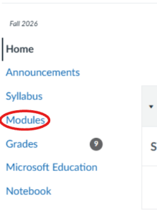 Image of Canvas navigation with an arrow pointing to modules.