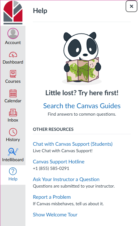 Screenshot of the help button options in canvas.