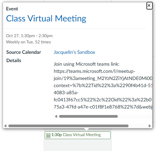 Screenshot of a calendar event showing Microsoft teams link.