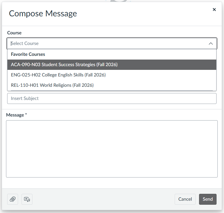 Dropdown box showing courses to choose from in student inbox.