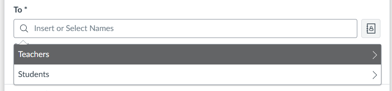 To field when composing a message to an instructor with teachers highlighted.