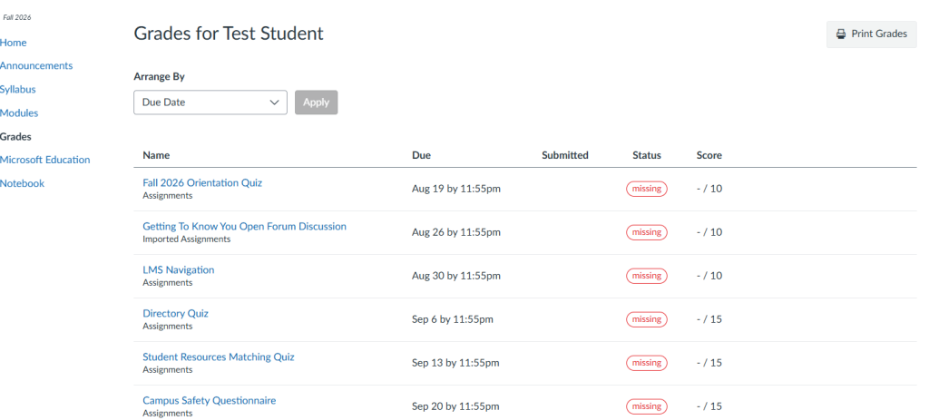 Test student gradebook in canvas.